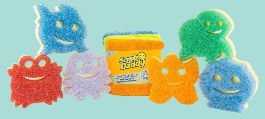 Scrub Mommy Set of 6 Summer Shape Sponge Set against green background