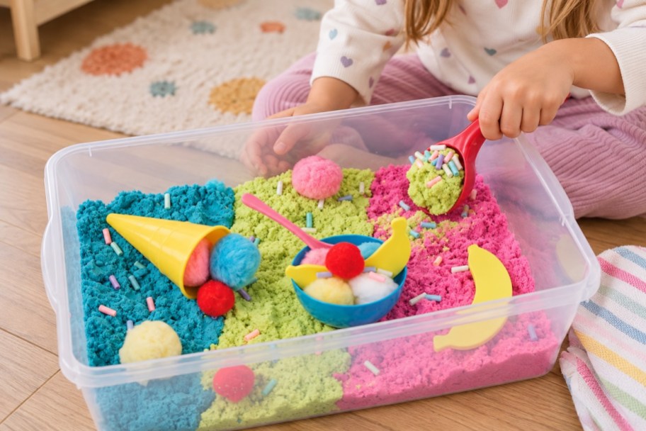 kid playing with colorful sensory bin with poms and ice cream cones