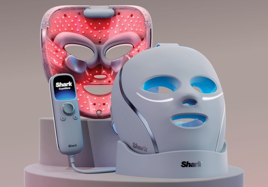 shark red light therapy mask on display stand with remote