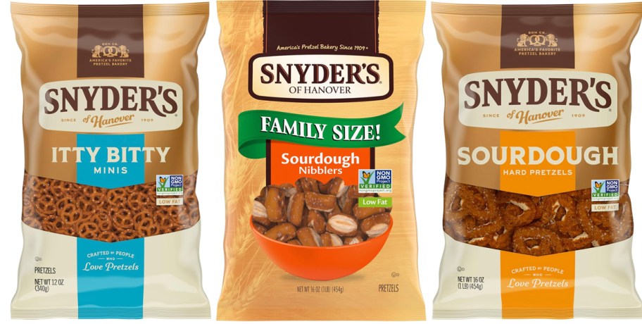 three bags of snyders pretzels 