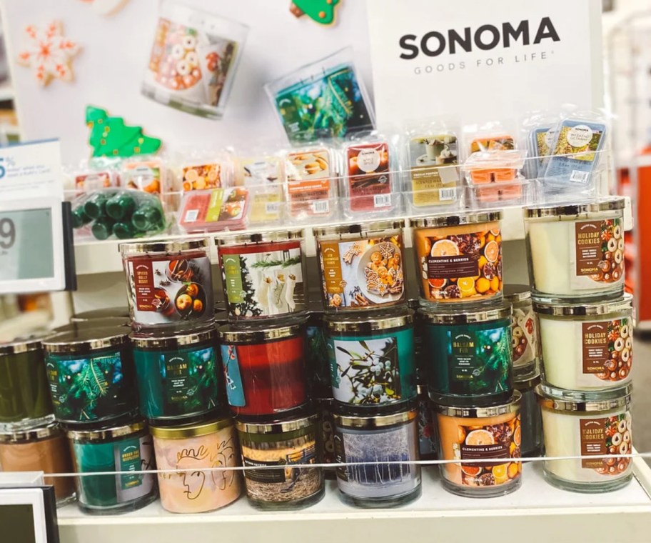 sonoma goods seasonal candles on display in a store
