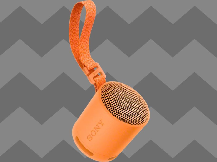 orange Sony XB100 Compact Bluetooth Wireless Speaker against grey background