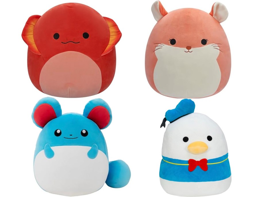 red lizard, chinchilla, pokemon and donald duck plush toys 