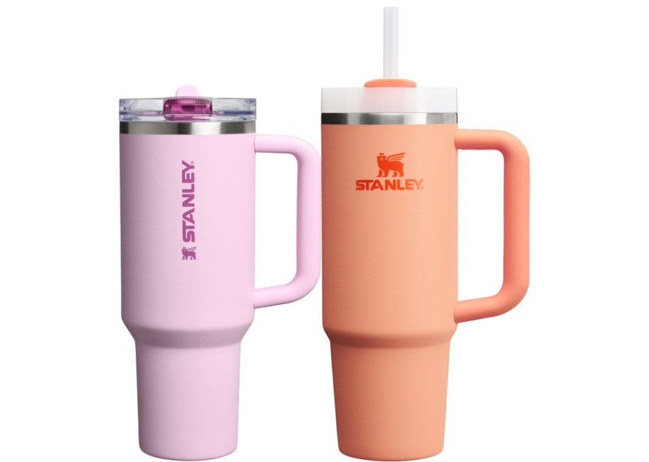 Two Stanley tumblers in pin and orange.