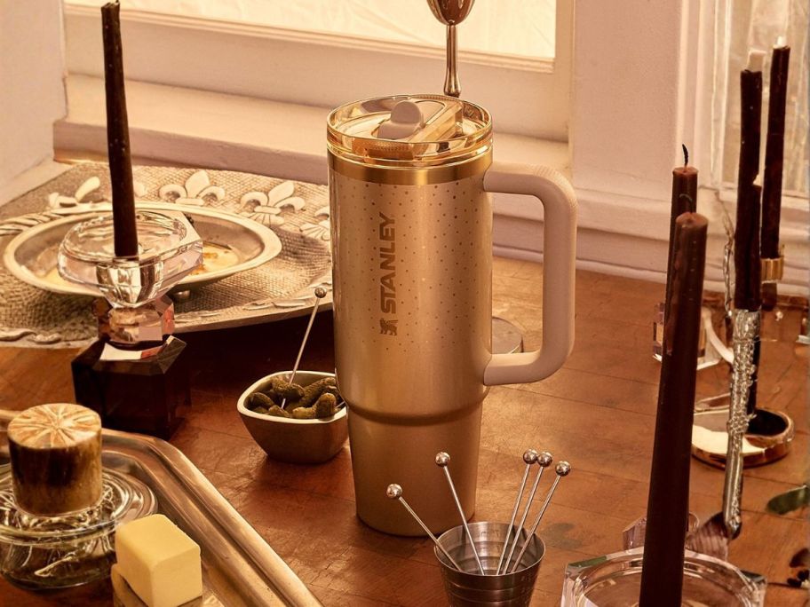 stanley tumbler on table