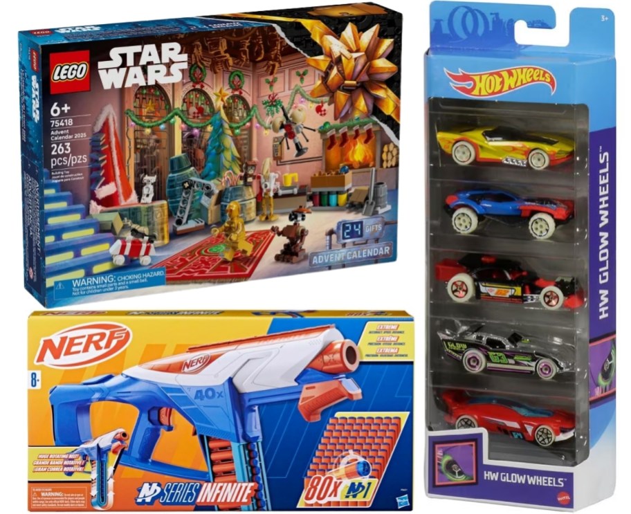 advent calendar, nerf blaster, and hotwheels cars