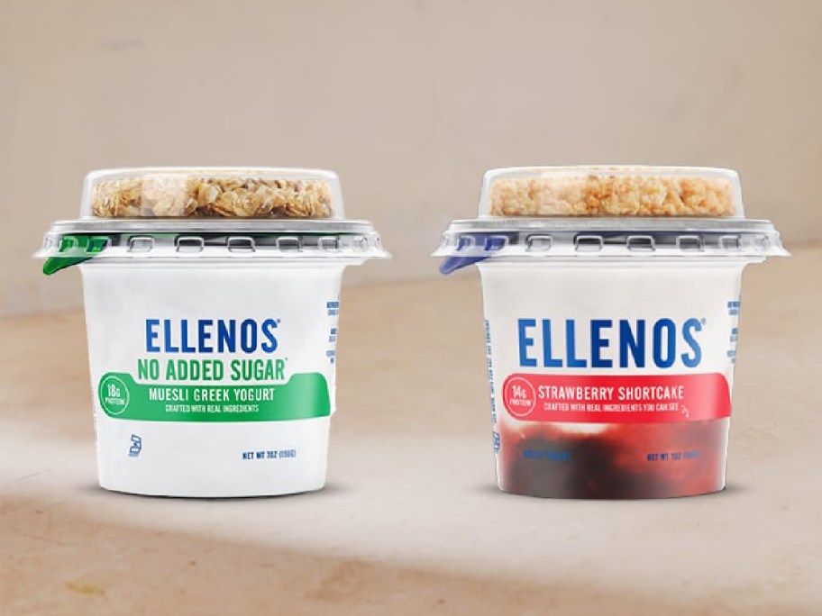 Two cups of Ellenos yogurt.