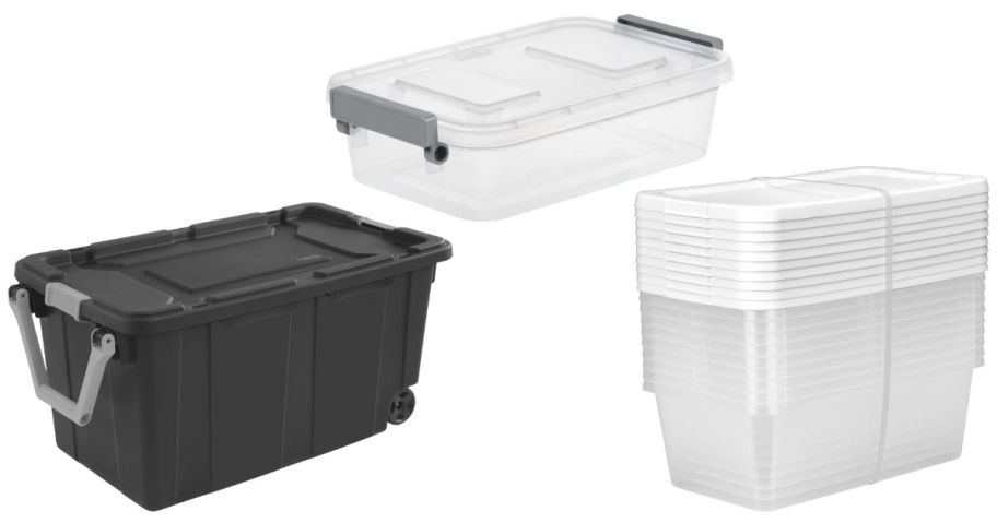 three sterilite storage totes