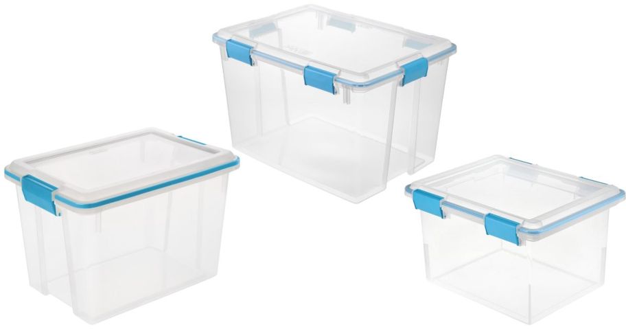 three sterilite storage totes