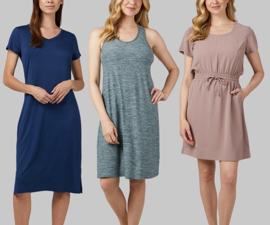 3 women wearing various styles of casual dresses