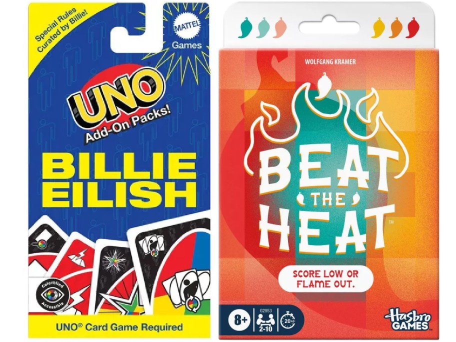 UNO Billie Eilish card pack featuring a colorful design is next to Beat the Heat game box, showcasing fiery graphics and vibrant colors.