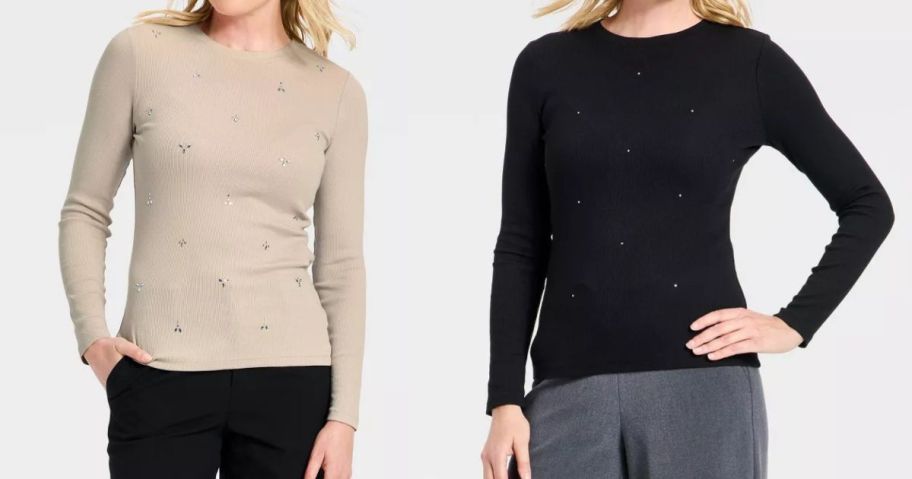 two women wearing A New Day Slim Fit Long Sleeve Embellished Ribbed Tops