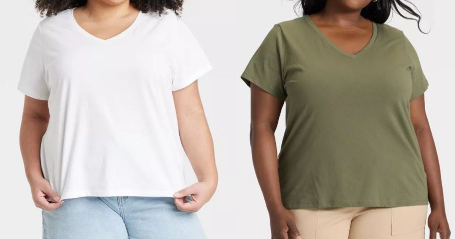 two women wearing Ava & Viv Short Sleeve V-Neck T-Shirts