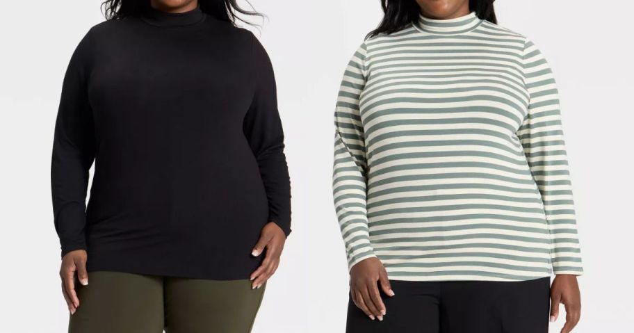 two women wearing Ava & Viv Slim Fit Long Sleeve Mock Turtleneck T-Shirts