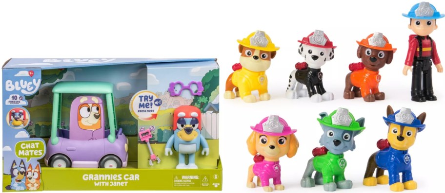 Boxed "Bluey" toy featuring a purple car with green roof and a dog character. Beside it, six colorful "Paw Patrol" figurines, including dogs and a firefighter.