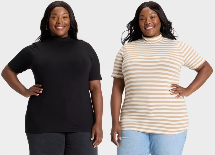 A woman wearing a black colored tshirt next to a woman wearing a tan and white striped tshirt.