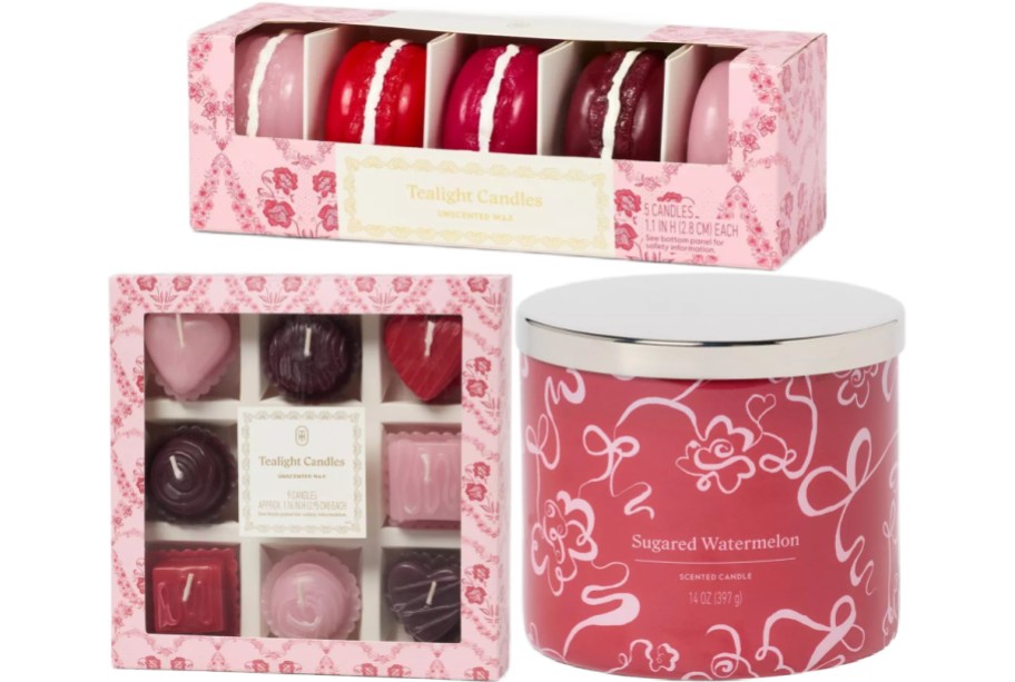 Boxes of Valentine's Day dessert styled candles.