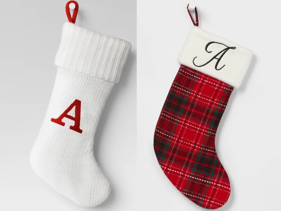 white and plaid monogrammed stockings 