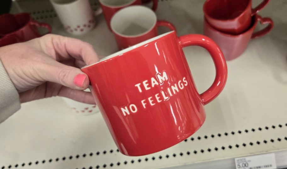 womans hand holding a coffee mug that reads team no feelings