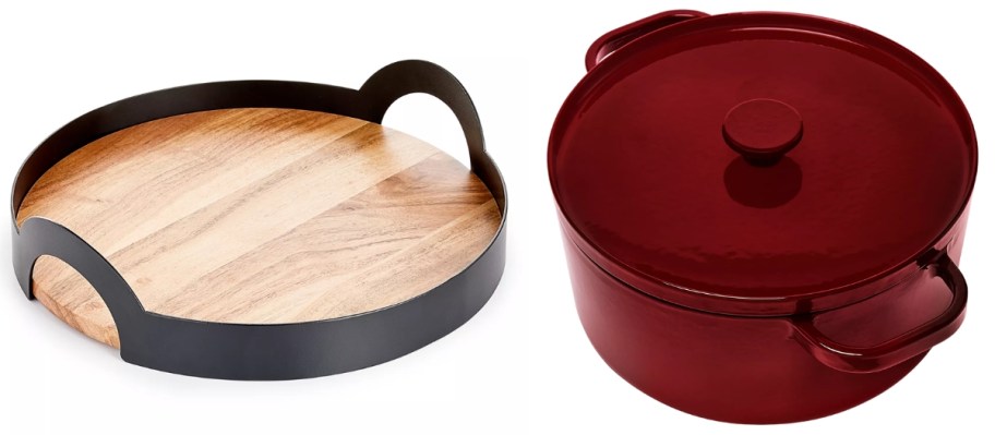 a wood and metal serving tray and a cast iron dutch oven