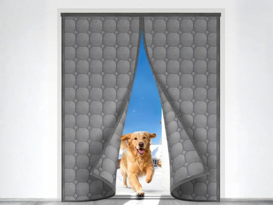dog running through thermal door curtain