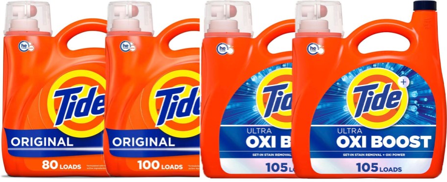 four bottles of tide detergent