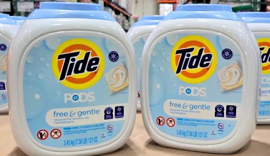 containers of tide pods free and gentle laundry detergent