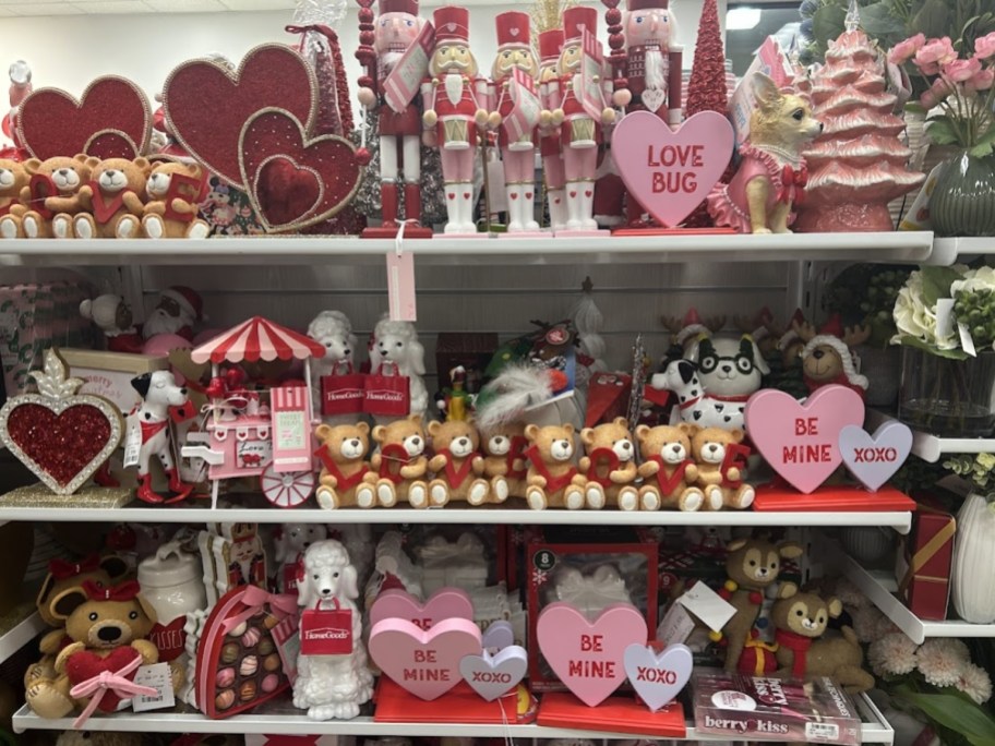 Valentines' decor items on a store shelf