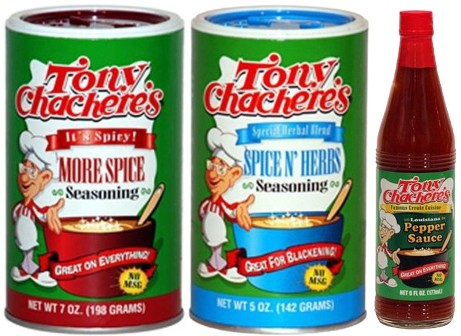 Three containers of Tony Chachere's seasonings and spices.