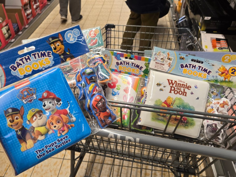 Character bath books in a cart at Aldi.