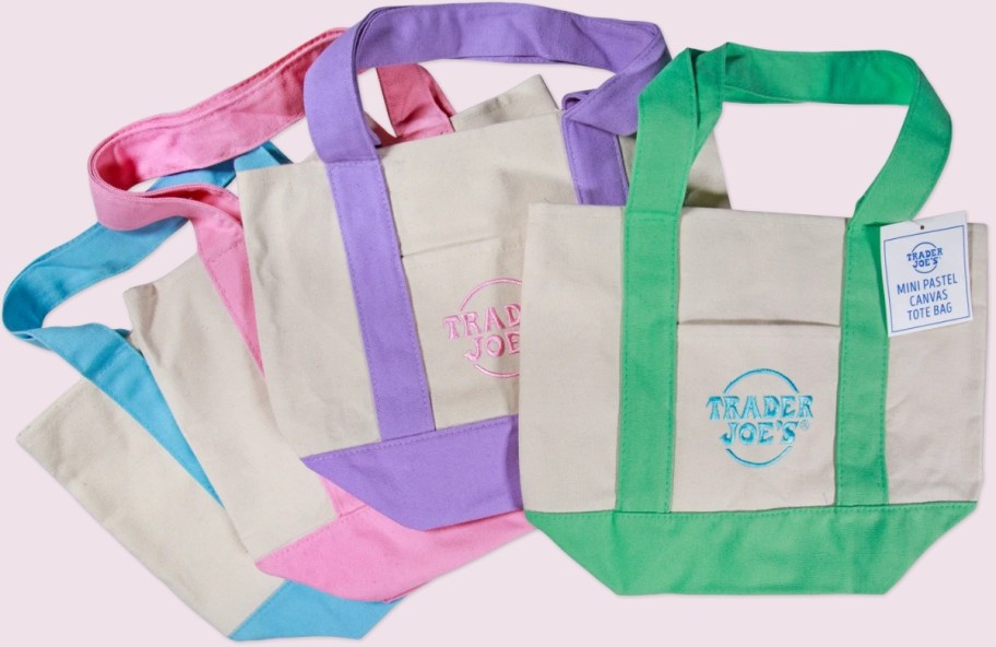 4 trader joes mini totes in pastel colors