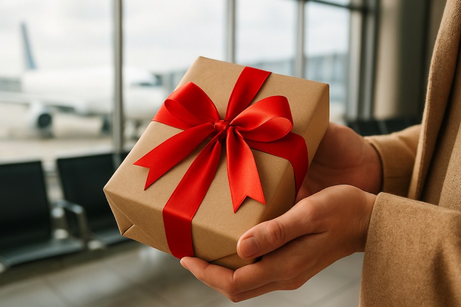person standing in airport with brown gift with red bow