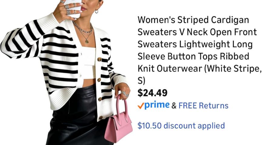 woman wearing striped cardigan next to Amazon pricing information