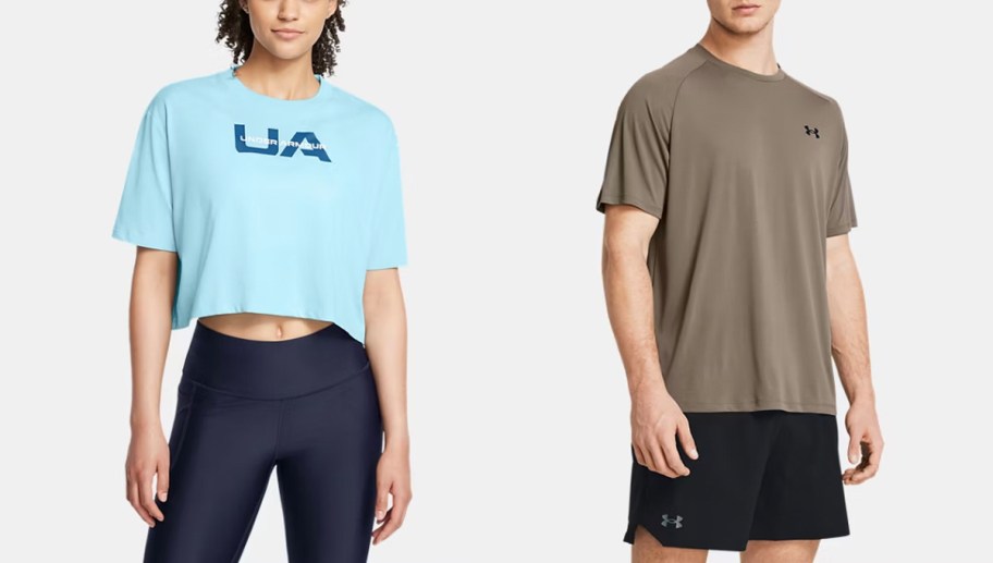 woman in blue tee and man in brown tee 