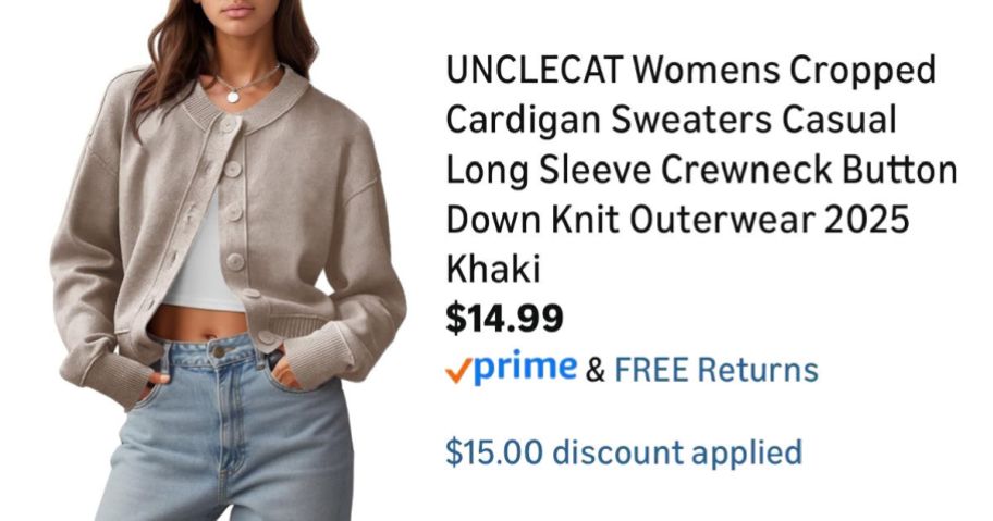 woman wearing tan cardigan next to Amazon pricing information