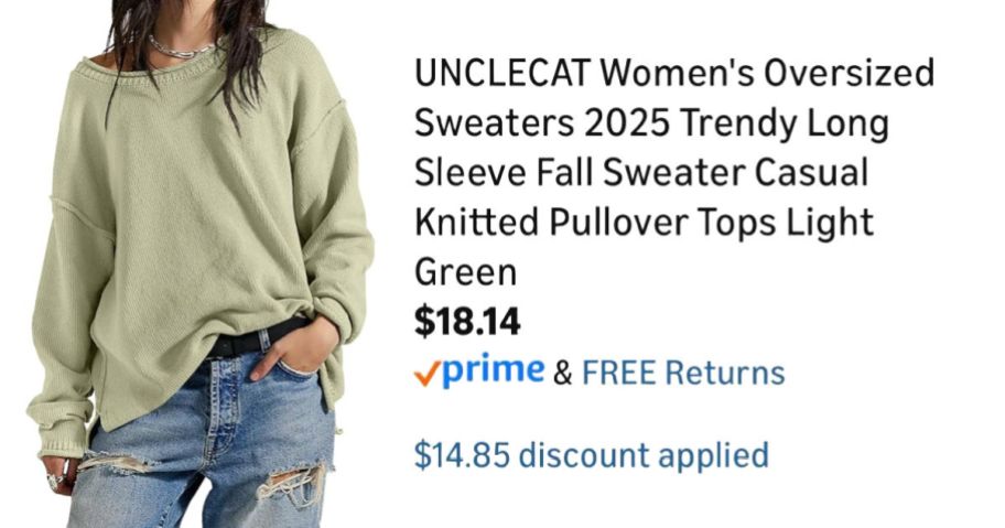 woman wearing green sweater next to Amazon pricing information