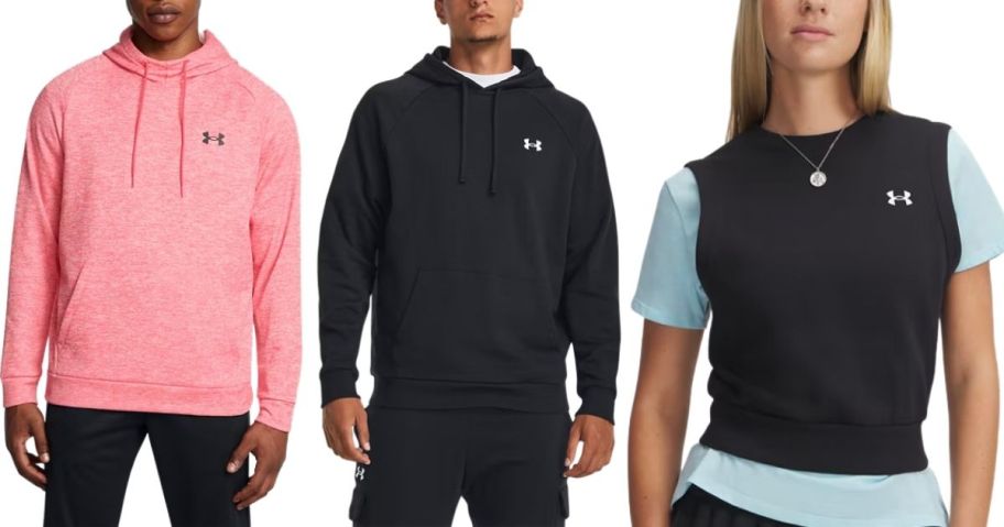 two men and a woman wearing under armour fleece tops