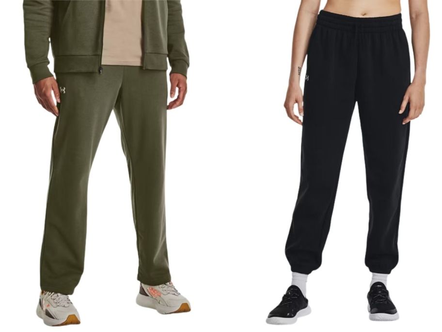 a man and a woman wearing under armour fleece pants