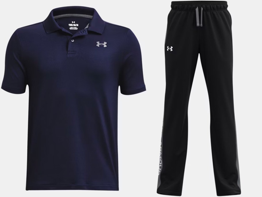 navy polo and black pants 