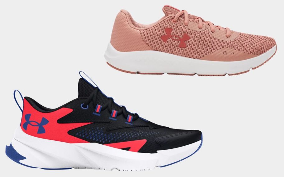 stock image of underarmour shoes in black and pink 