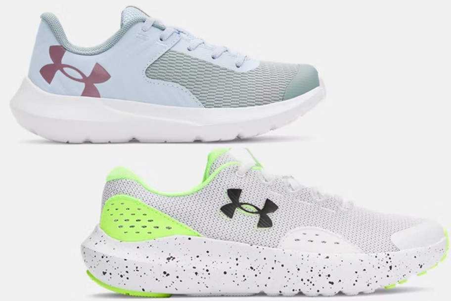 two pairs of blue and gray under armour shoes 