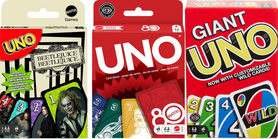 uno beetlejuice, red ruby, and giant card games. 