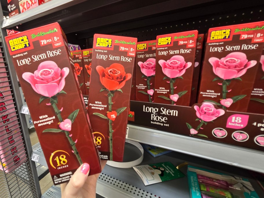 Boxes of rose Brickcraft Bricktanical sets on a shelf at Walmart.