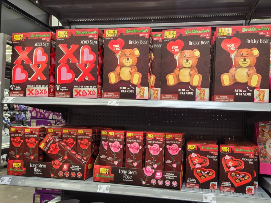 Boxes of Brickcraft Botanicals Valentine's Day sets on a shelf at Walmart.