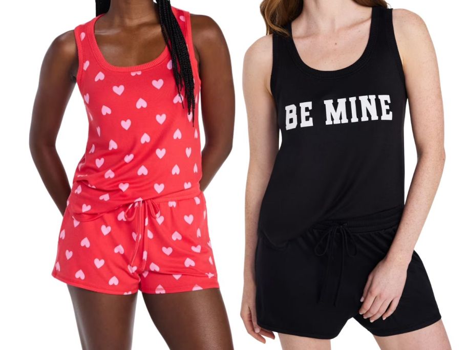 two women wearing Joyspun Women's Cozy Hacci Knit Tank & Shorts 2-Piece Sets