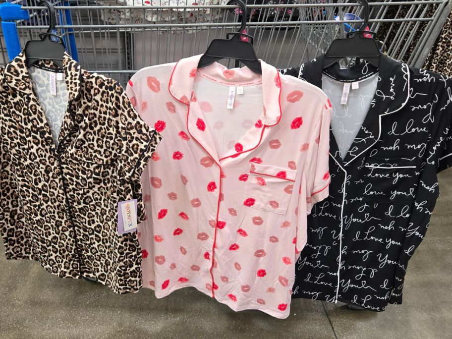 Joyspun Women's Dreamy Soft Collection 2-Piece Pajama Sets hanging on cart in store