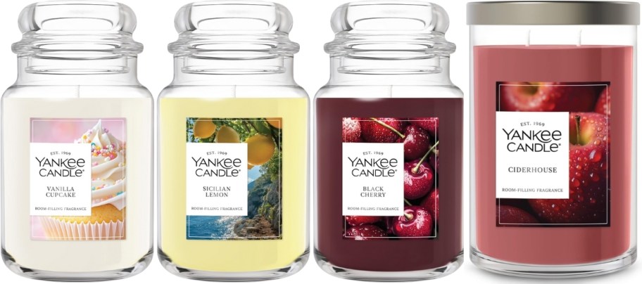 3 large jar candles and one large tumbler candle in assorted scents