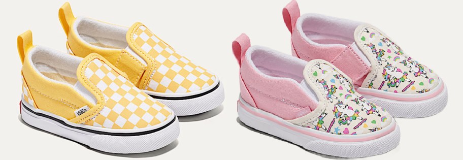 Two pairs of Vans shoes. One is yellow checkerboard and the other is pink and white.