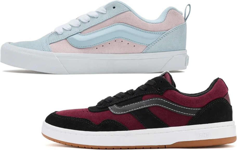 pink and blue, and red and black vans shoes 