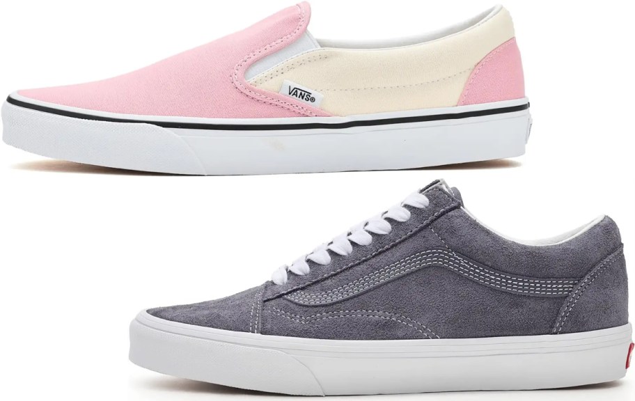 white and pink, and gray vans shoes 